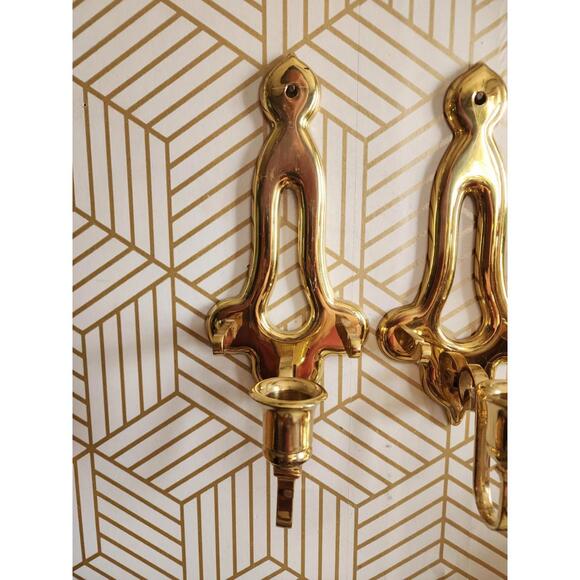 Vintage Pair Gold Brass Sconces Wall Hanging Candle Holder 11” With Plate Holder - Picture 7 of 12